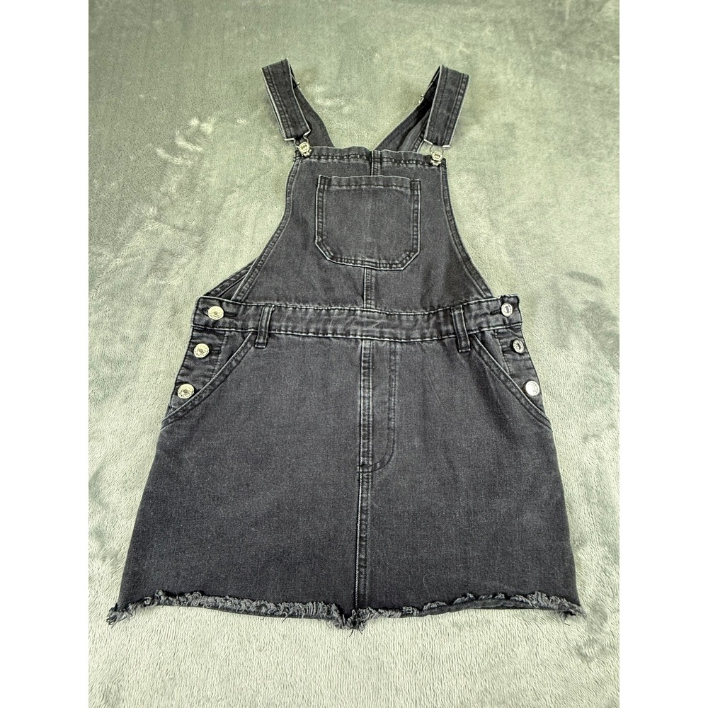Forever 21 Girls Black Denim Overall Dress Frayed Hem Pinafore Size S Small